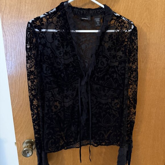 Women's Vintage Express Velvet and Lace Tie Front Shirt Blouse Size 7/8 Stunning - Picture 3 of 9